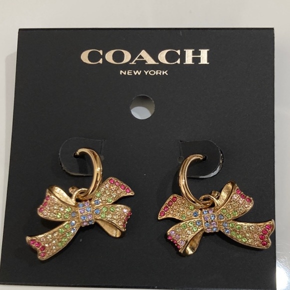 Coach Pave Bow Huggies Earrings Multi Colored Gold Tone - Picture 1 of 2